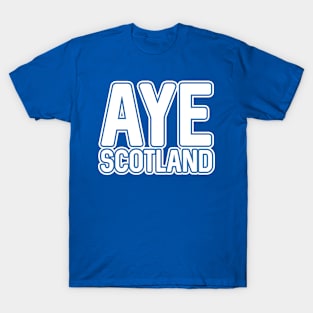 AYE SCOTLAND, Scottish Independence White and Saltire Blue Layered Text Slogan T-Shirt